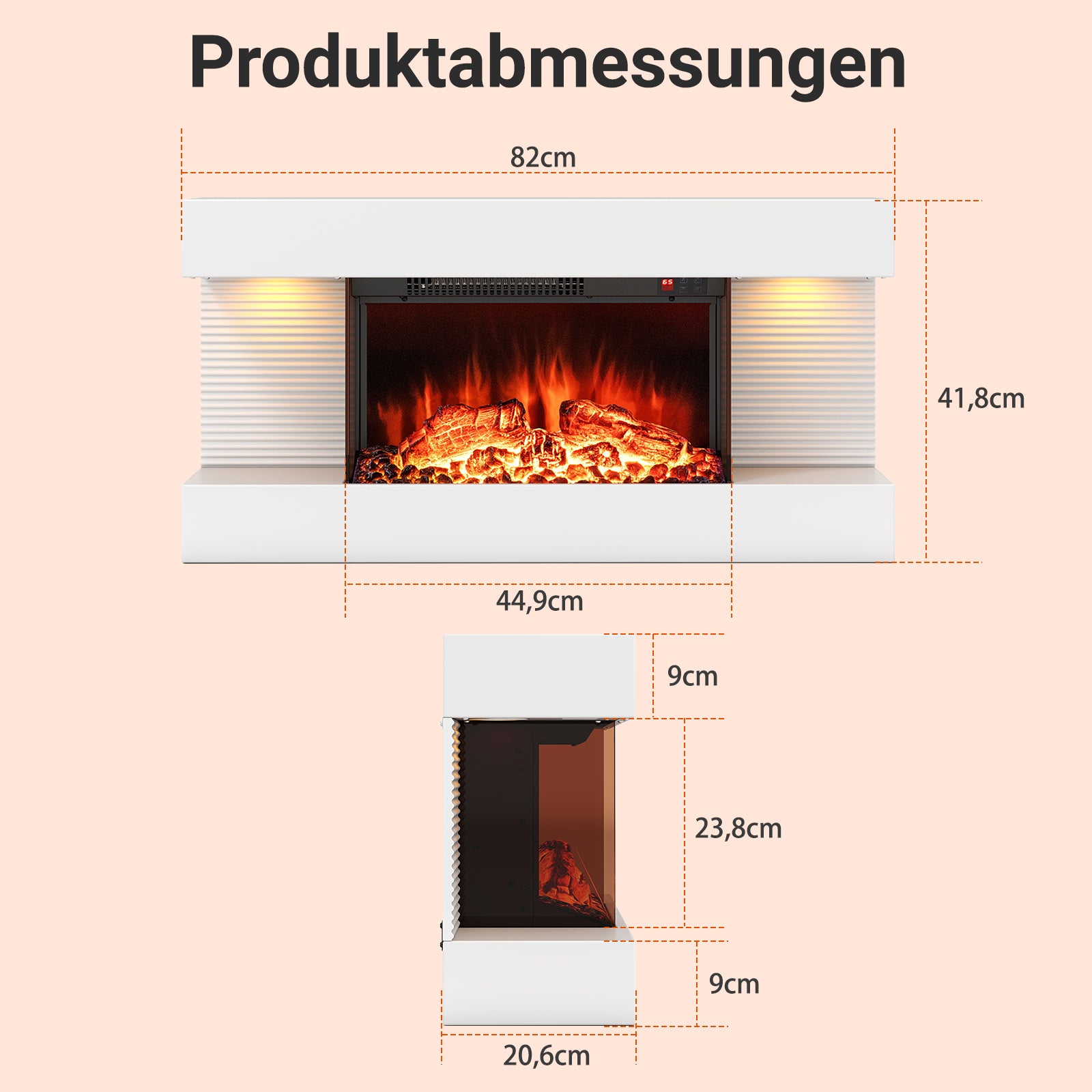 Elkamin – med värme och LED sidobelysning Svävande väggkamin fjärrkontroll – Vit