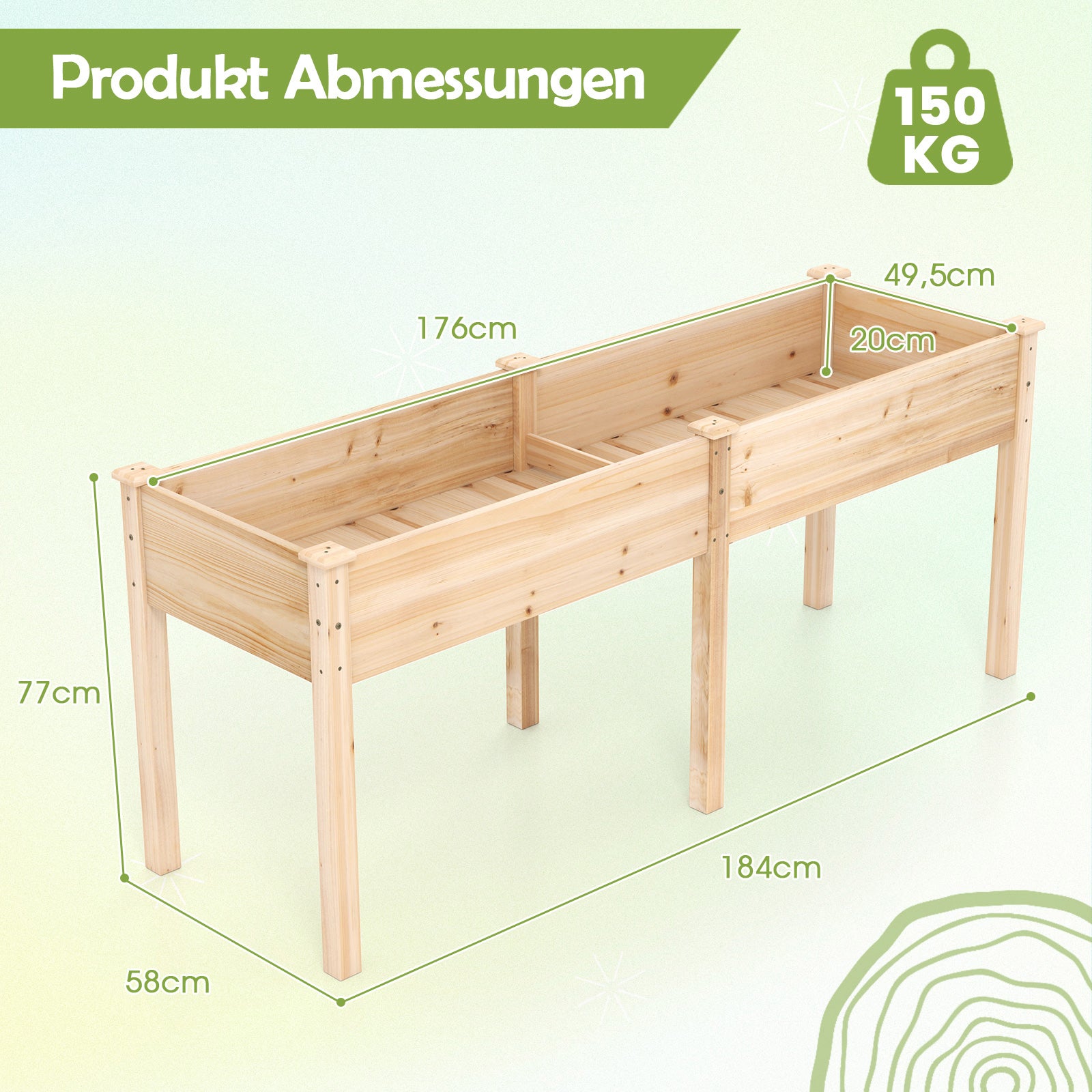 Utomhus – högbädd med ben trä planteringslåda avdelare – 185 x 58 x 77 cm – Natur