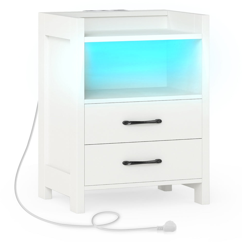 Nattduksbord – med LED belysning och laddningsstation lådor öppet förvaringsfack Sidobord Vitt – 2 45 x 35 x 60 cm – Vit