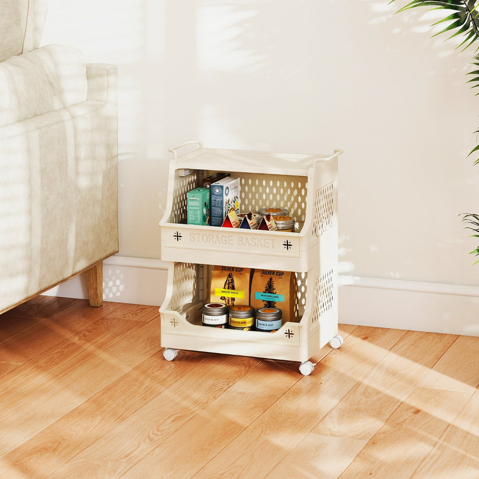 steg – Rullande Tvättkorg med Handtag och Krok Staplbar Plast Förvaringsvagn – 3 – Beige