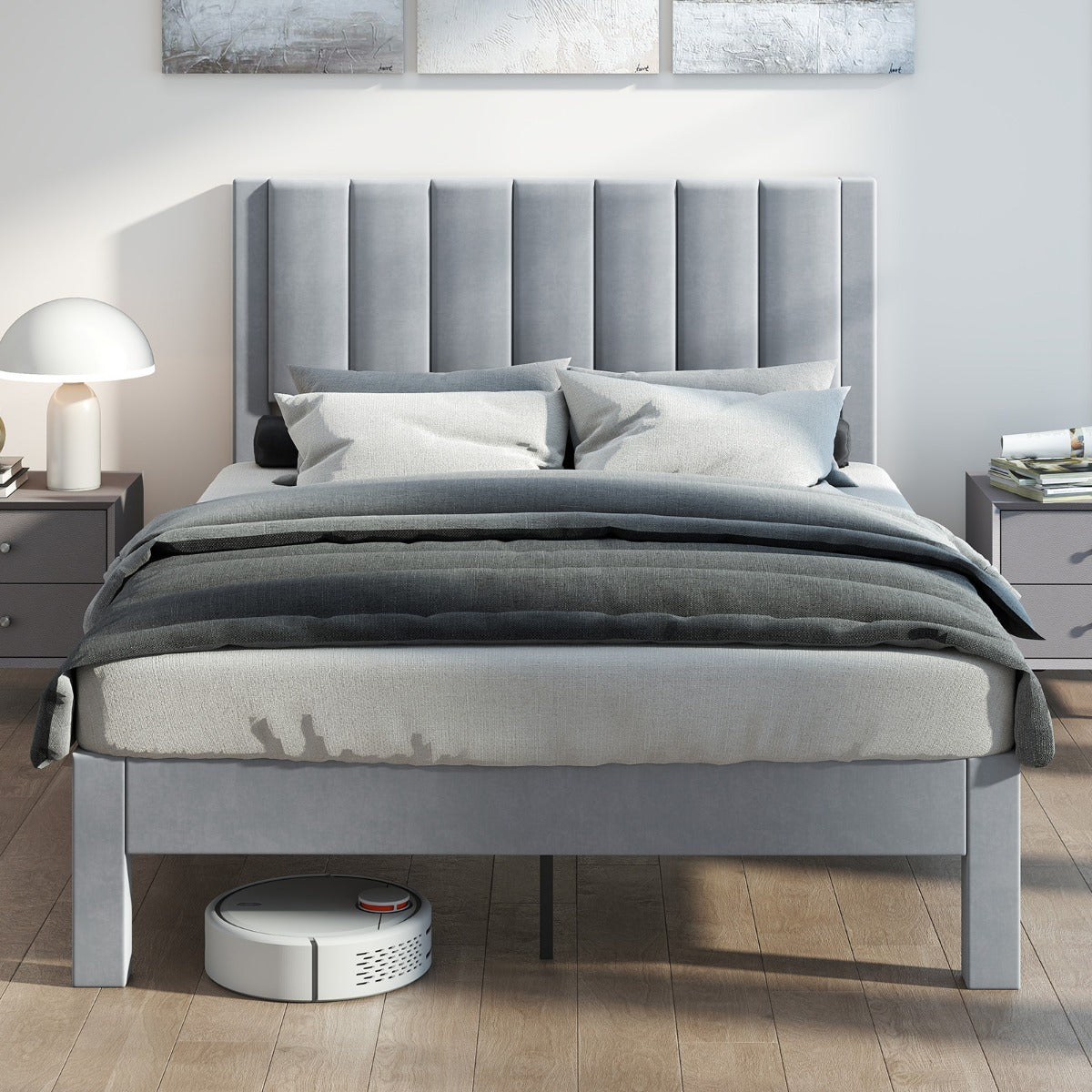 Sängram – för madrass, sammetstyg, vadderad plattformssäng – 200 x 140 cm – Grå