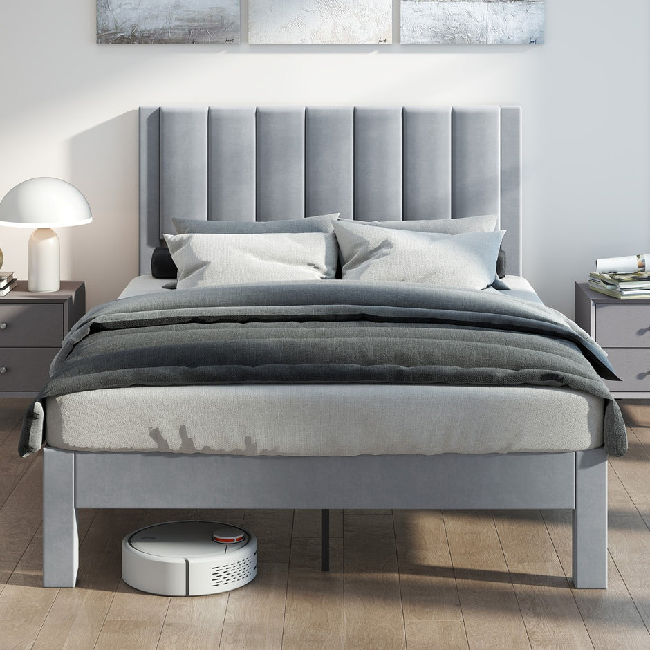 Sängram – för madrass, sammetstyg, vadderad plattformssäng – 200 x 140 cm – Grå