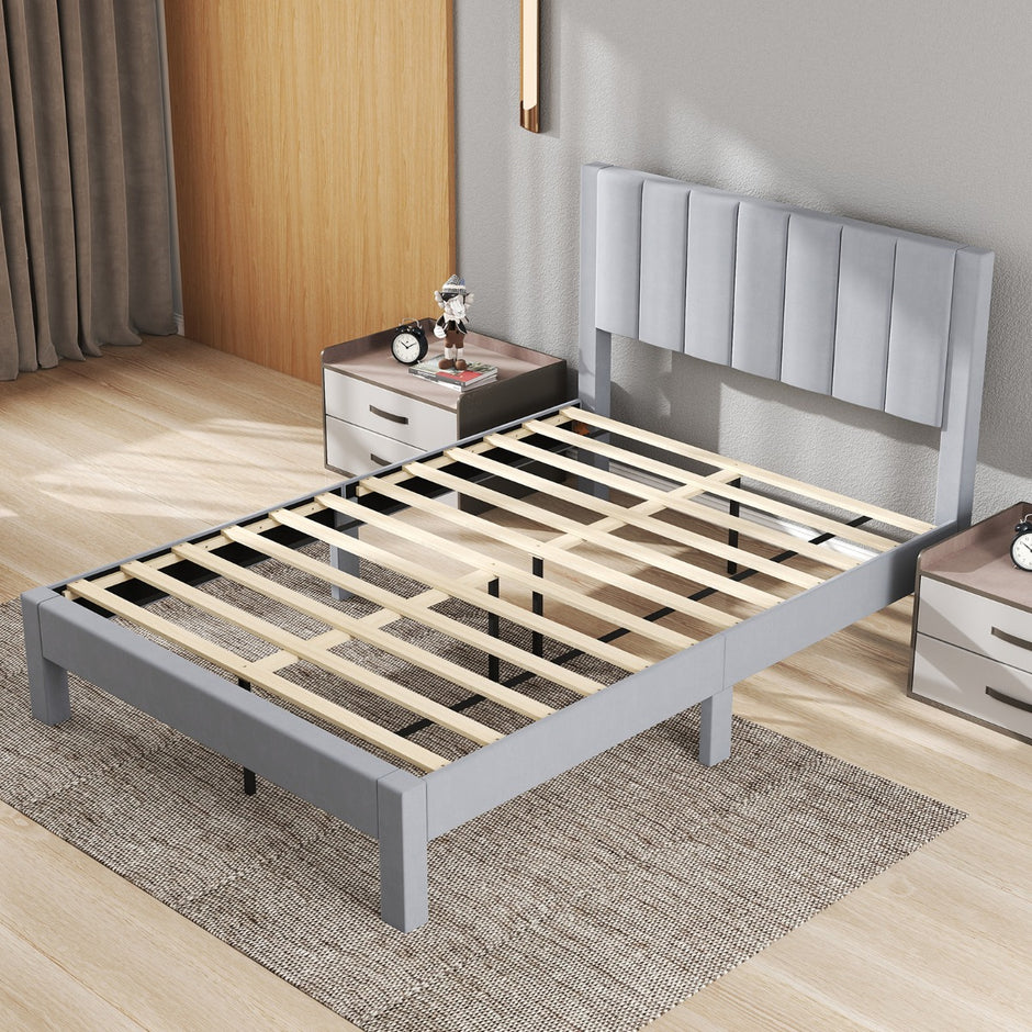 Sängram – för madrass, sammetstyg, vadderad plattformssäng – 200 x 140 cm – Grå