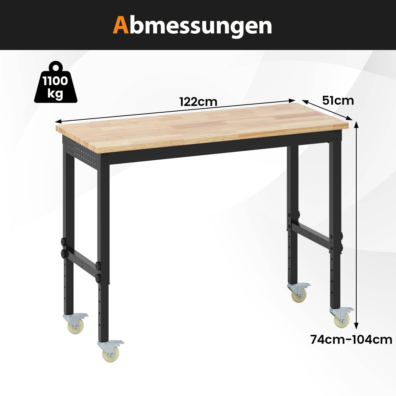 Justerbart – arbetsbord med hjul och bärförmåga hålplattor datorbord arbetbord – 1100 kg 2 – Natur