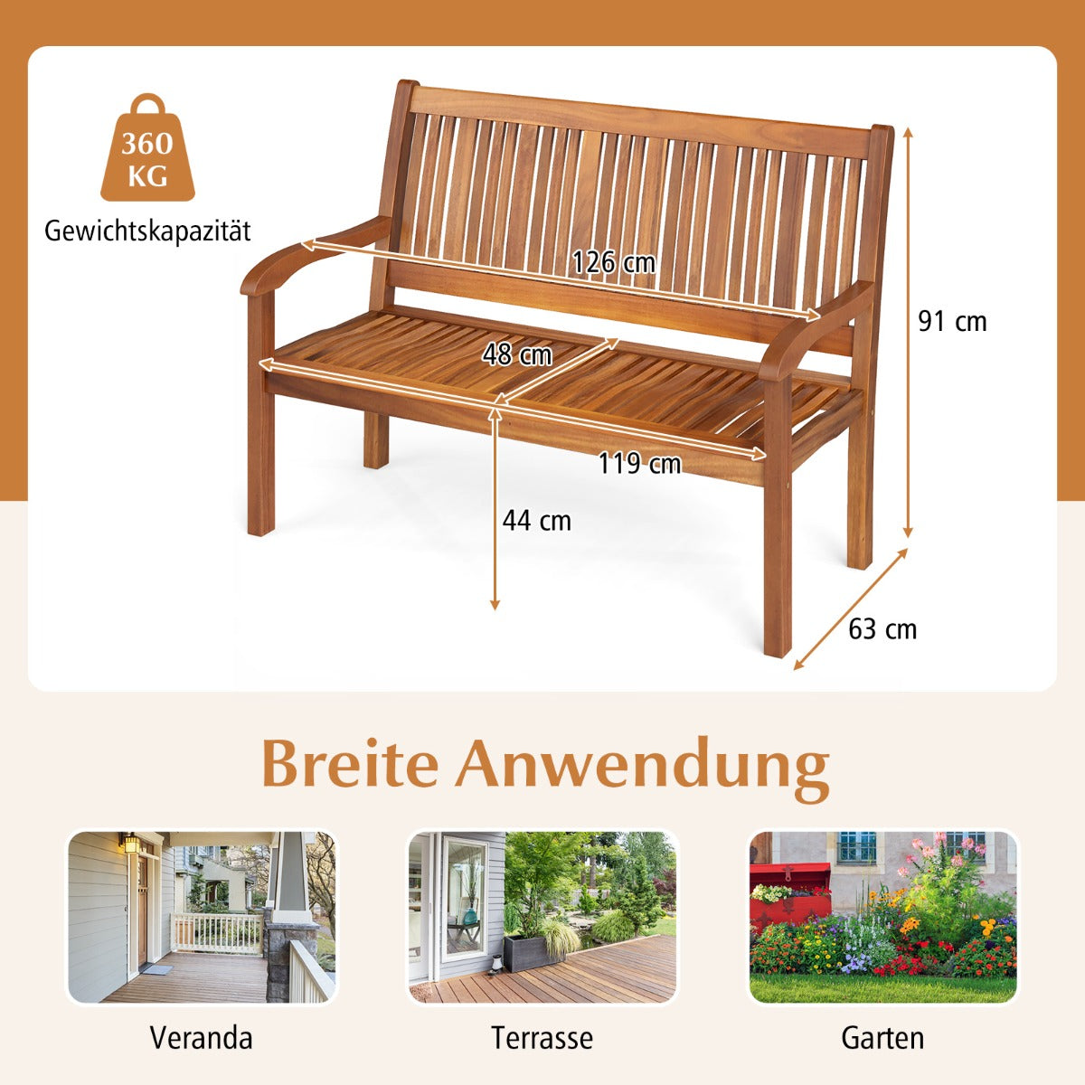 Trädbänk – för personer, träbänk med en belastning på upp till kg, sittbänk, parkbänk – 2-3 320 126 x 63 x 91 cm – Trä