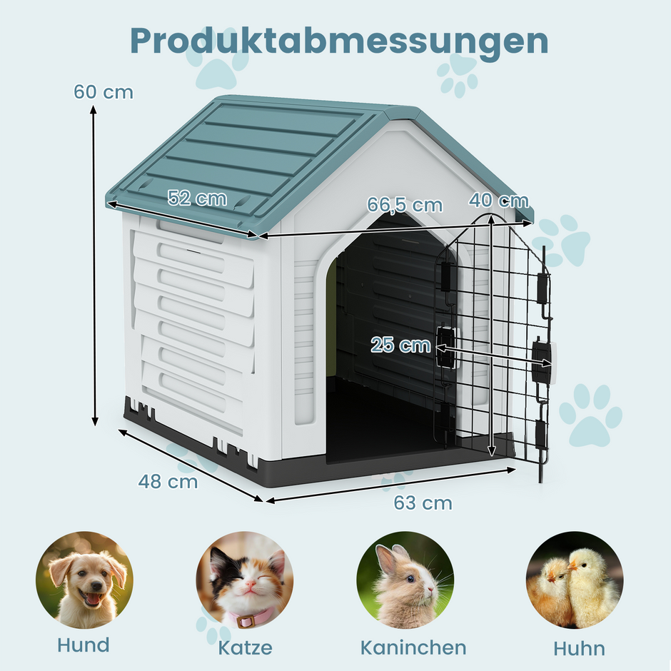 Plastikhundkoja – djurboende med låsbar metalldörr, ventilationsspringor och lutande tak – Blå