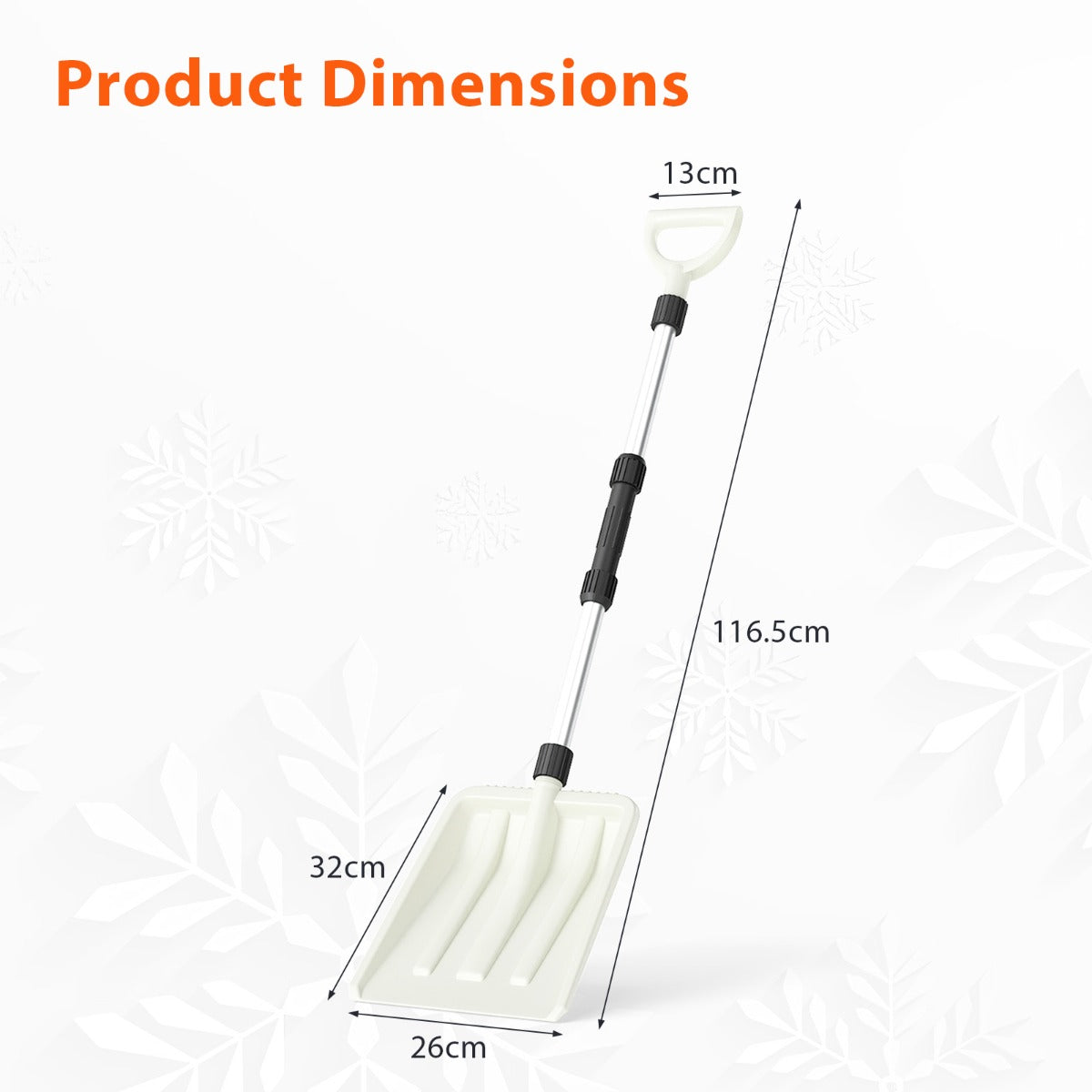 Snöskyffel – bred lätt med ergonomiskt handtag och robust aluminiumskaft – 26 cm – Vit