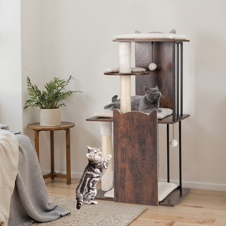 Klösträd – med Klösäule och Plattform Boll Avtagbar Kudd Kattträd – 4 112 cm – Rustik brun