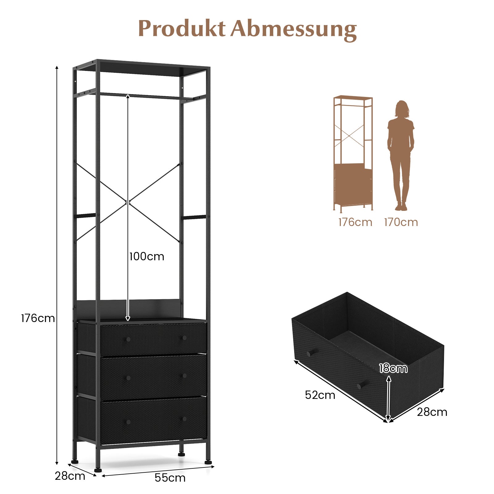 Klädhängare – med lådor och läges hängstång förvaringsfack Skåp organiserare – 3 – Svart