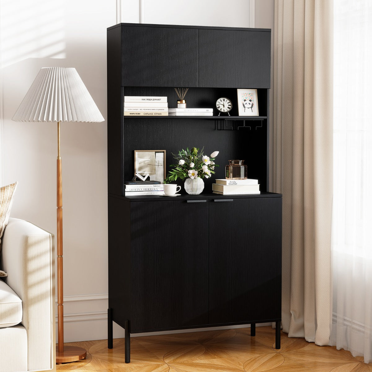 Köksskåp – med Laddningsstation hög Vinskåp Vinglas Hållare Buffé Sideboard – 164 cm – Svart