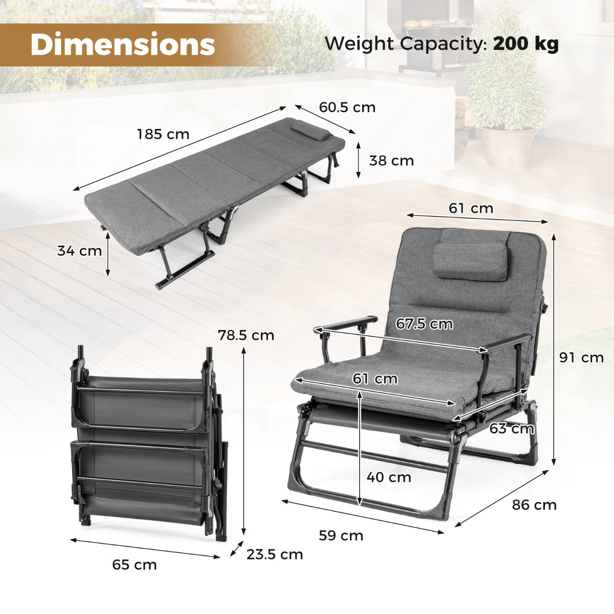 i – Trädgårdslounge med Huvudstöd och Justerbart Ryggstöd Vikbar Sollounge – 3 1 185 x 60,5 x 38 cm – Grå-svart