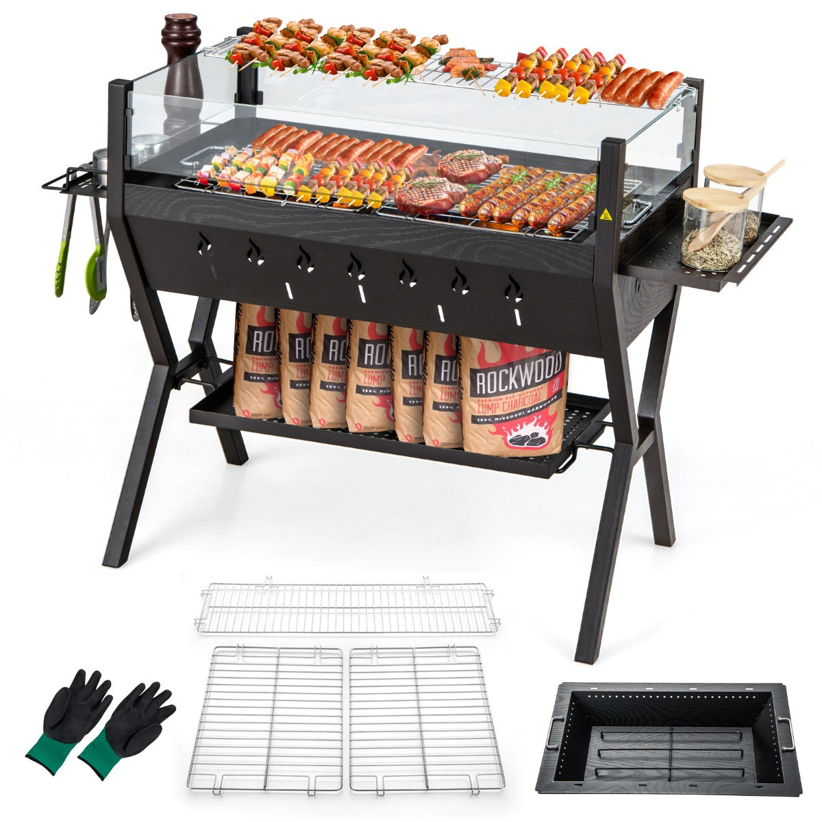 Kolgrill – med vindskydd, kryddställ och förvaring, campinggrill, grillyta av rostfritt stål, – 98 x 42 x 68 cm – Brun