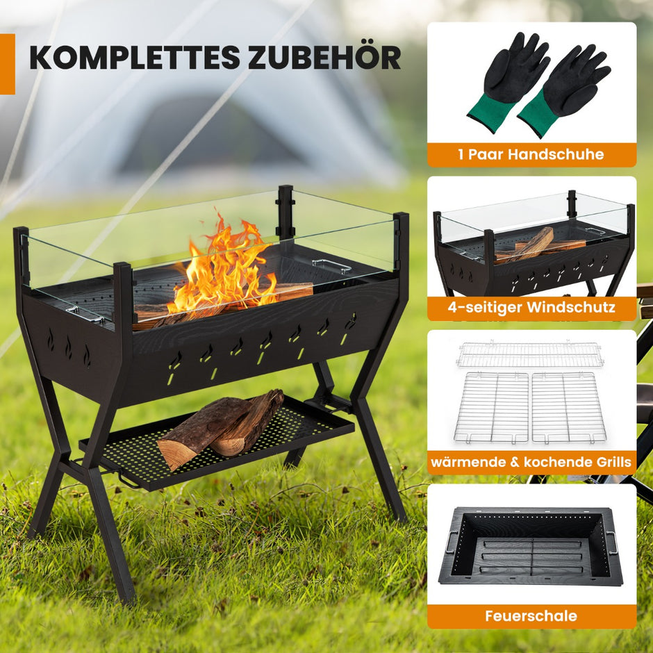 Kolgrill – med vindskydd, kryddställ och förvaring, campinggrill, grillyta av rostfritt stål, – 98 x 42 x 68 cm – Brun