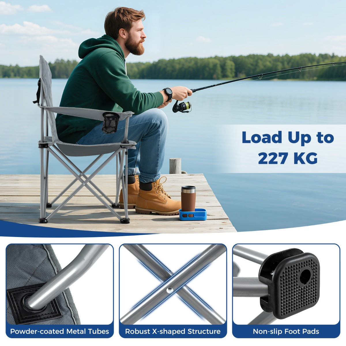 pack – hopfällbara campingstolar med kylväska och dryckeshållare, bärbara upp till kg, vadderade fiskestolar – 2 227 – Grå