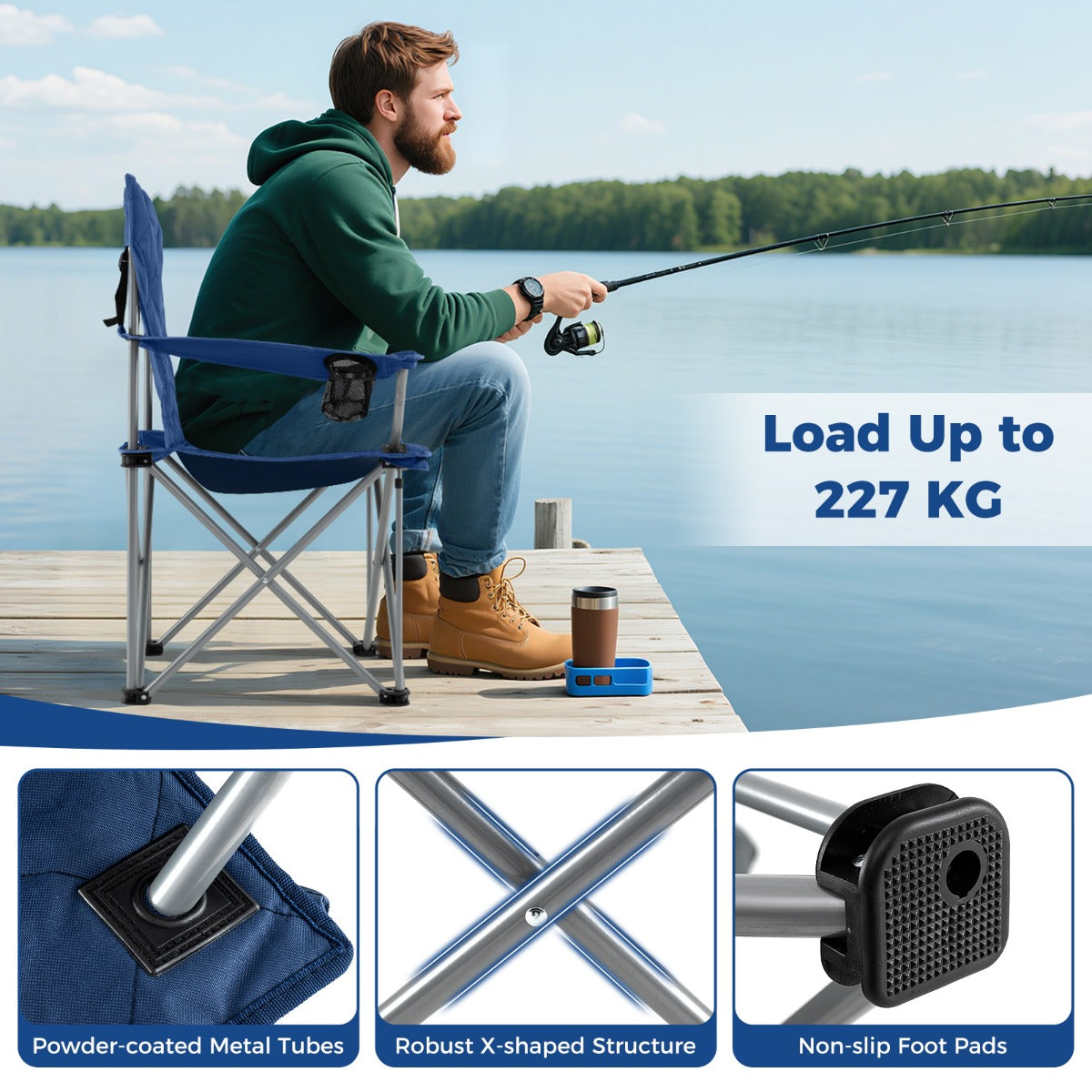 pack – hopfällbara campingstolar med kylväska och dryckeshållare, bärbar upp till kg, dämpad fiskestol – 2 227 – Blå