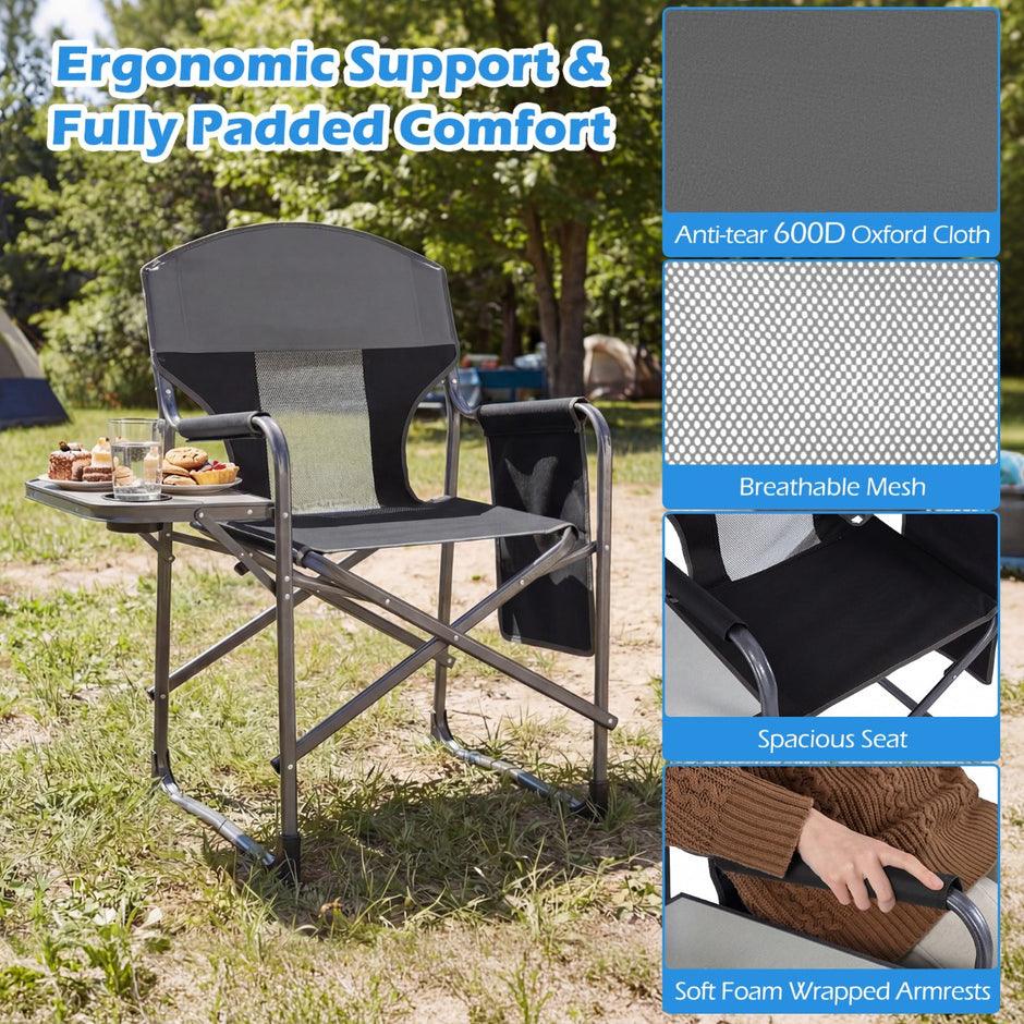 Klappbar – registol med sidobord, sidoficka och dryckeshållare, campingstol – Svart