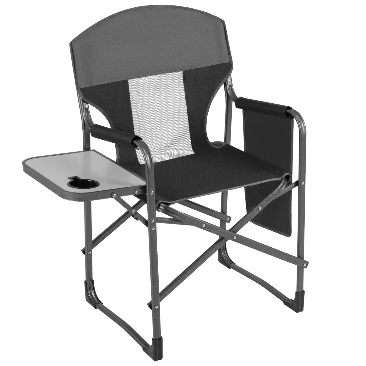 Klappbar – registol med sidobord, sidoficka och dryckeshållare, campingstol – Svart