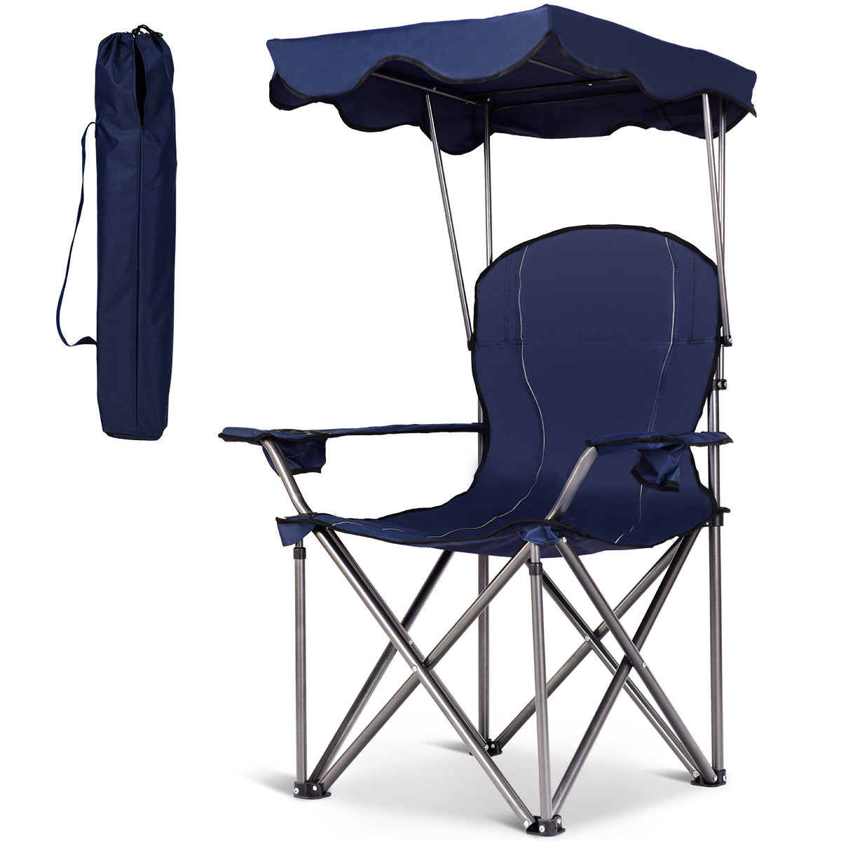 Hopfällbar – campingstol med soltak mugghållare Bärväska – 96,5 x 67,5 x 130 cm – Blå