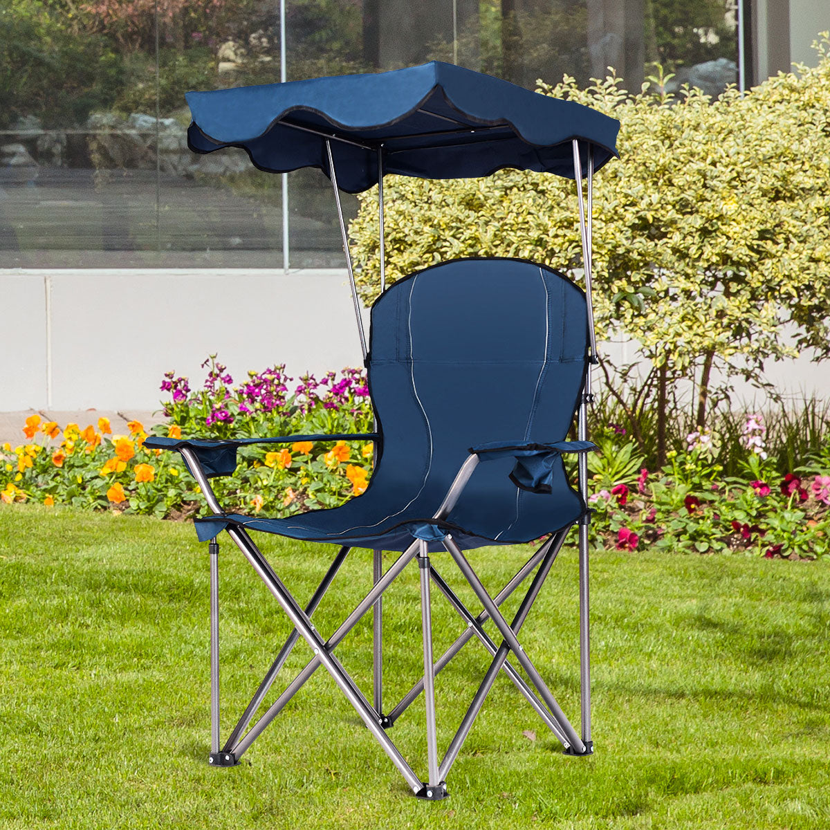 Hopfällbar – campingstol med soltak mugghållare Bärväska – 96,5 x 67,5 x 130 cm – Blå