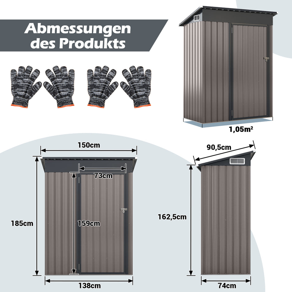 Trädgårdshus – Metall | m³ redskapsbod med pulpettak – 150 x 90,5 x 185 cm 1,5 – Ljusgrå