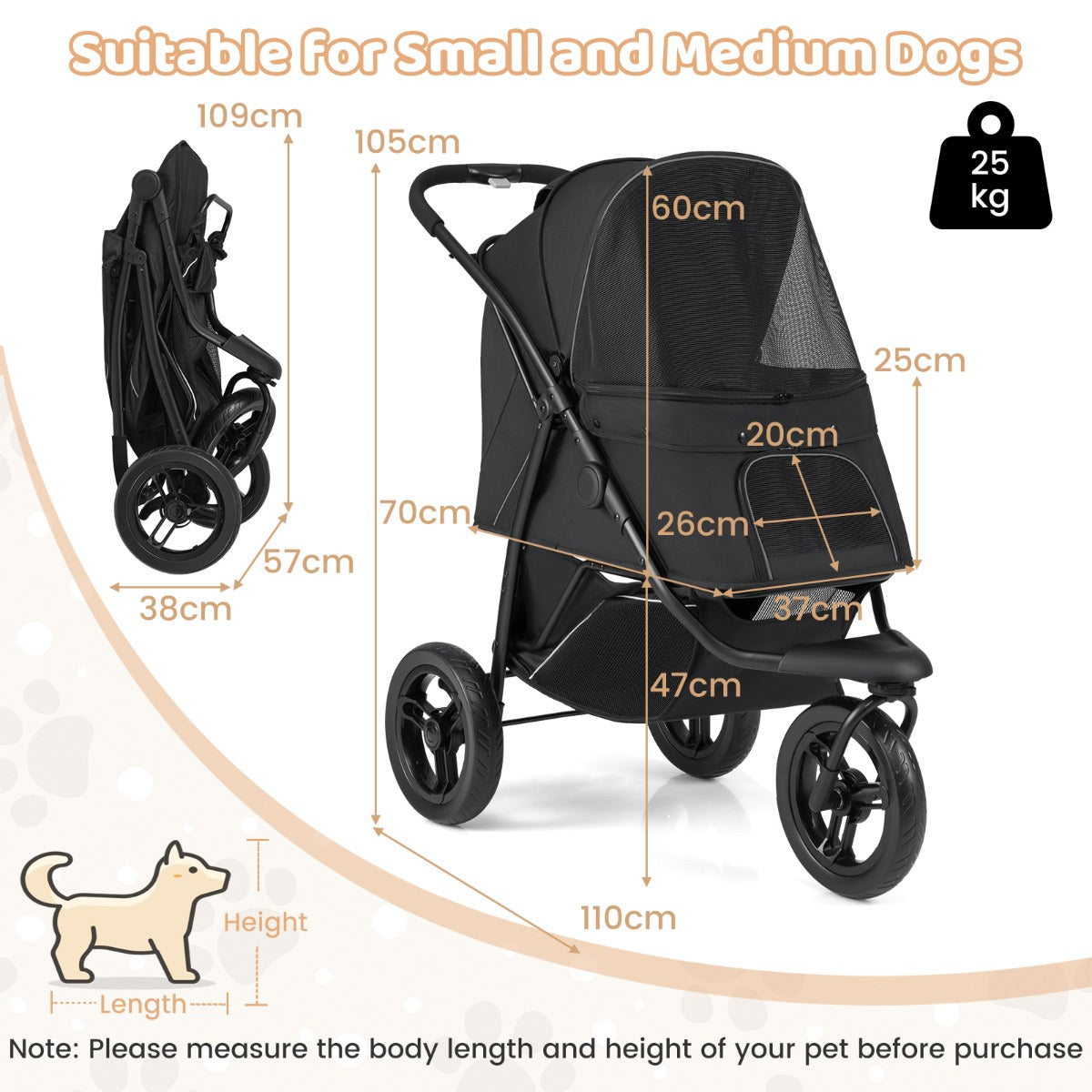 Ihopfällbar – Hundvagn upp till med Justerbar Soltak Hjul – 25 kg 3 – Svart
