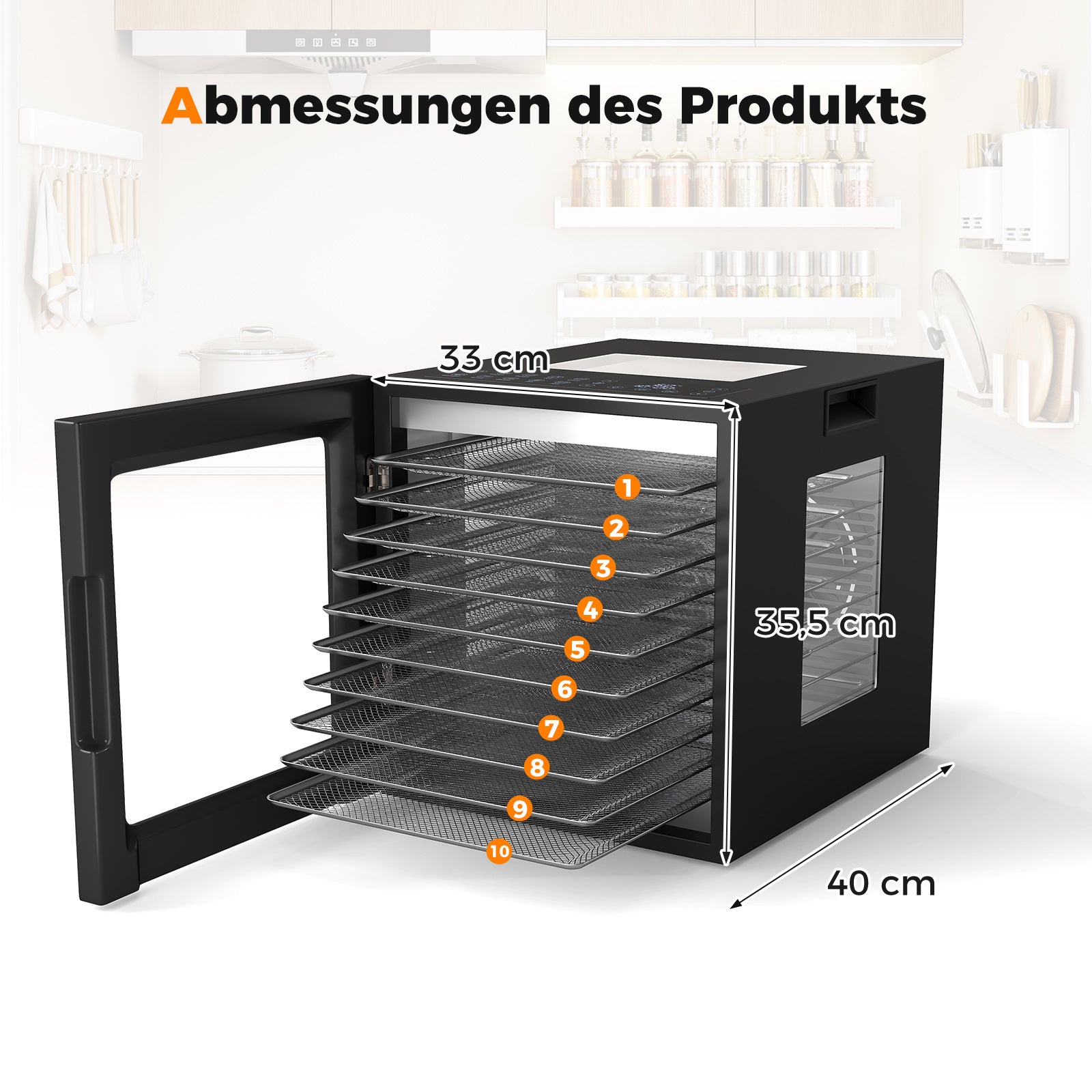 850W – Torkapparat inkl. rostfria skålar torkmaskin med förinställda program 48H timer och 30-75℃ temperatur – 10 10 – Svart
