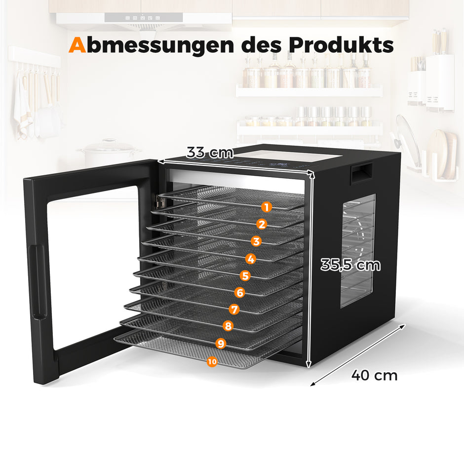 850W – Torkapparat inkl. rostfria skålar torkmaskin med förinställda program 48H timer och 30-75℃ temperatur – 10 10 – Svart