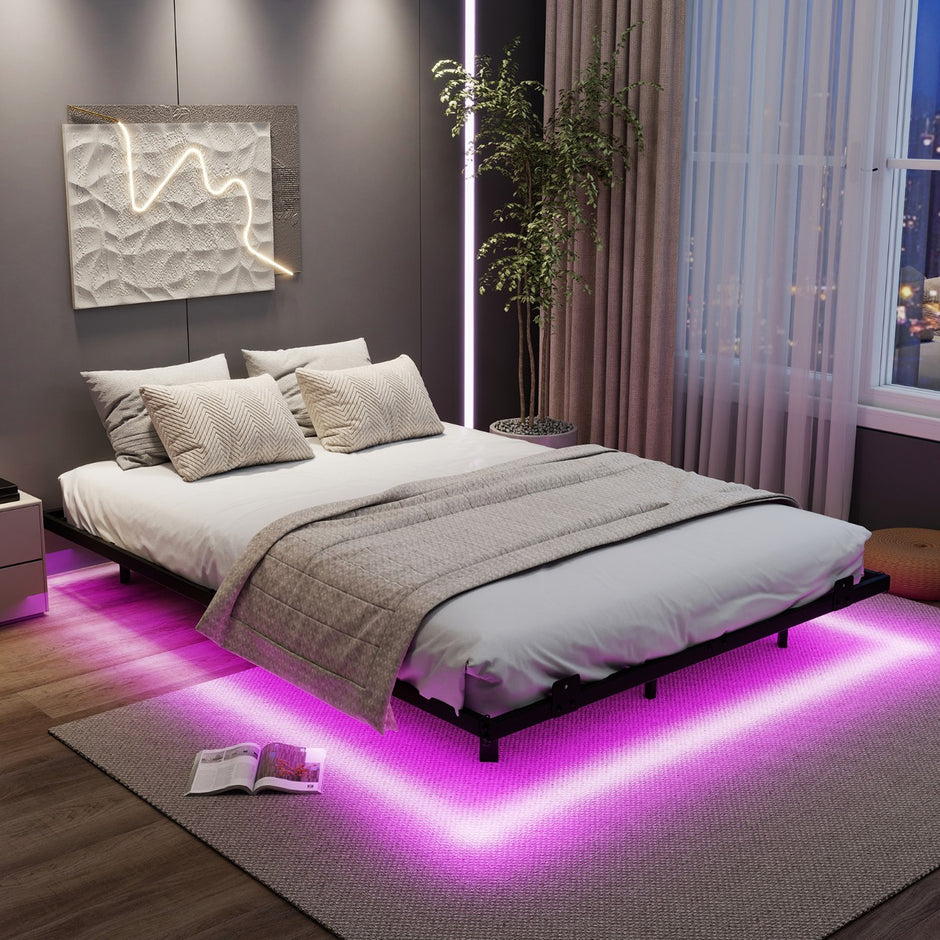 Dubbelsäng – Svängsängsställning med LED Belysning Modern Sängställning av Metall – 140 x 200 cm – Svart