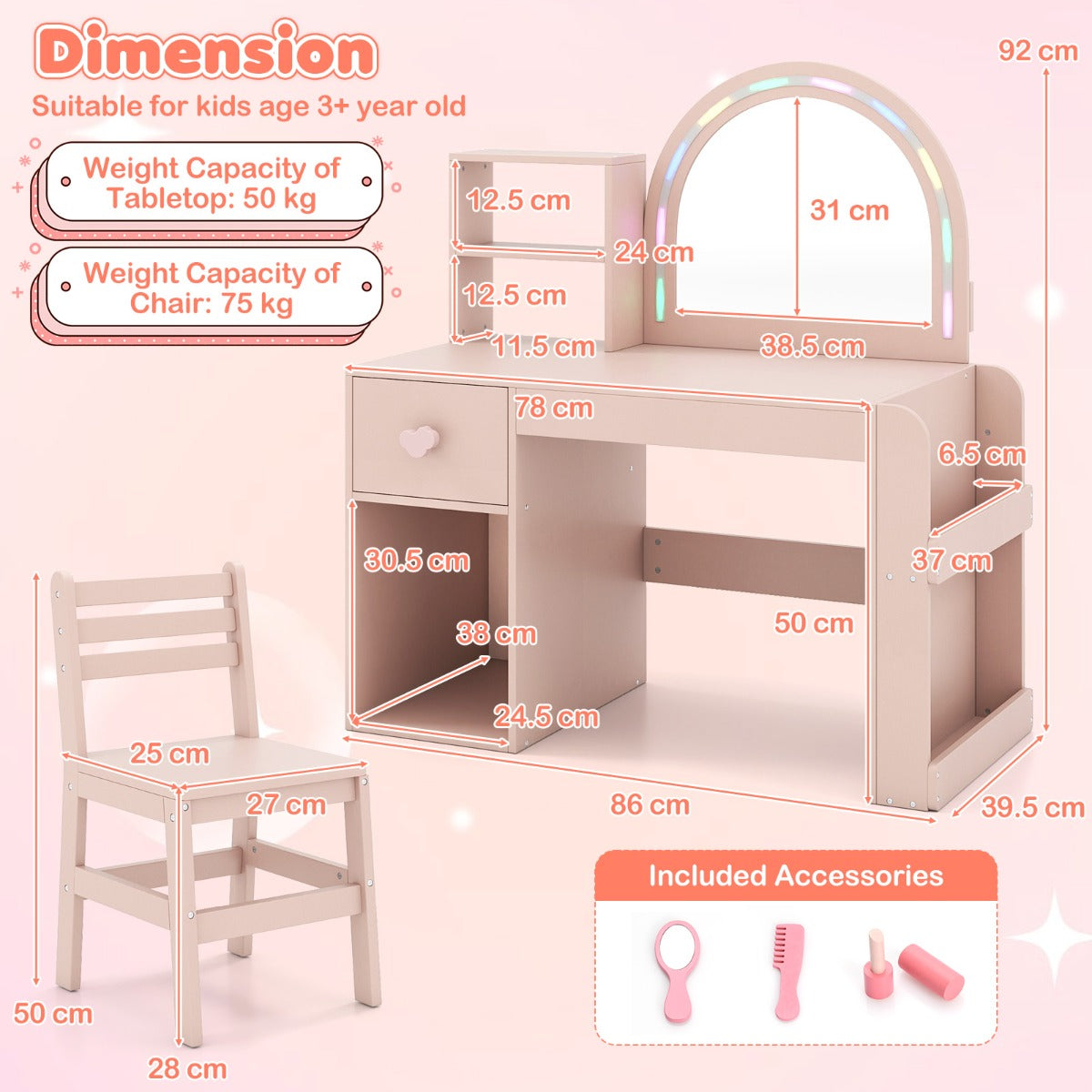 Barnsminkbord – med belysning upplyst spegel – Rosa
