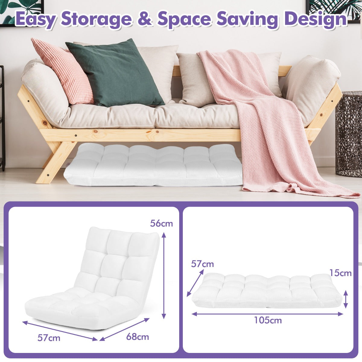 Golvstol – Ihopfällbar Lazy Sofa Lat Tatami Golvkudd – Vit