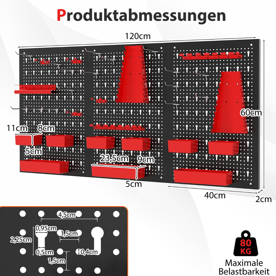 Metallverktygsvägg – med delade förvaringslådor och verktyghållare krokar – 9 – Röd