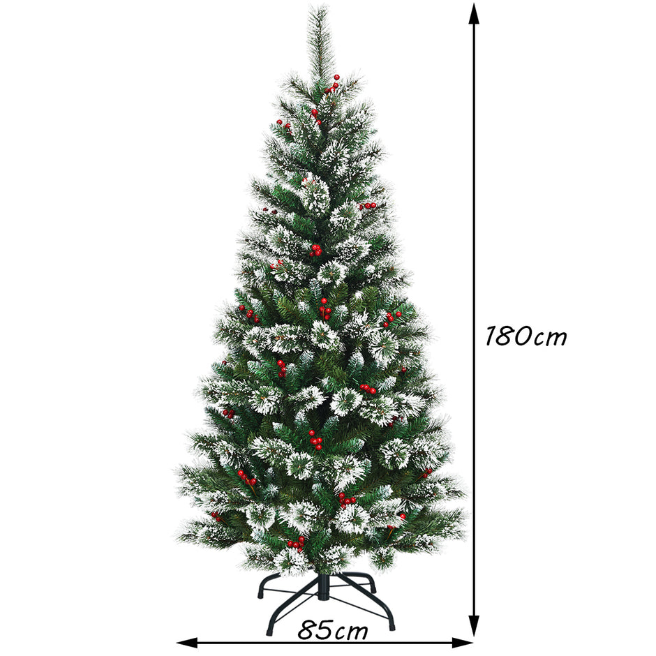 Konstgjord – julgran med snöflingor röda bär och kottar – 180 cm – Grön och vit