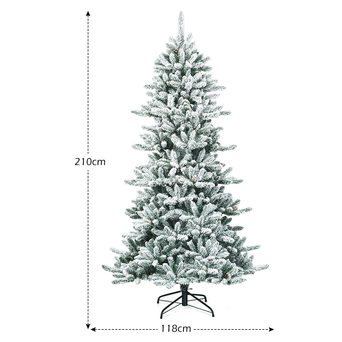 Konstgjord – snötäckt penna julgran med kottar + – 210 cm – Grön och vit
