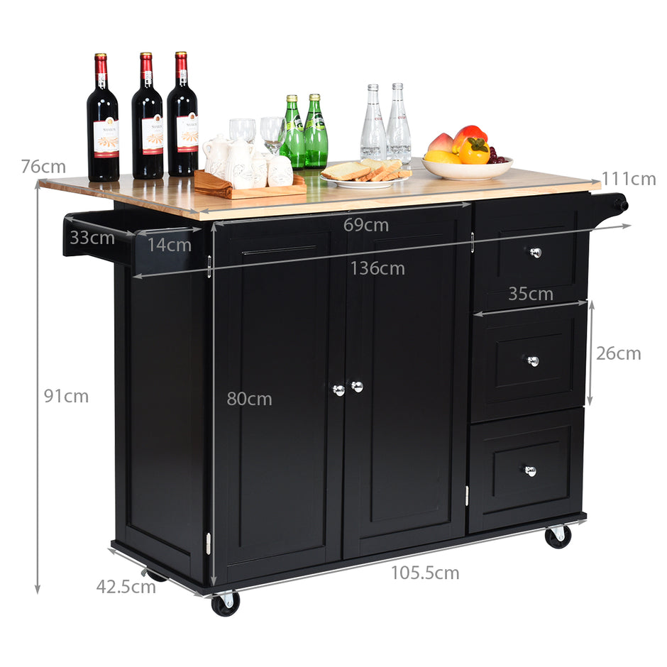 Rullbar – köksvagn med hopfällbar arbetsyta köksö – 136 x 76 x 91 cm – Svart