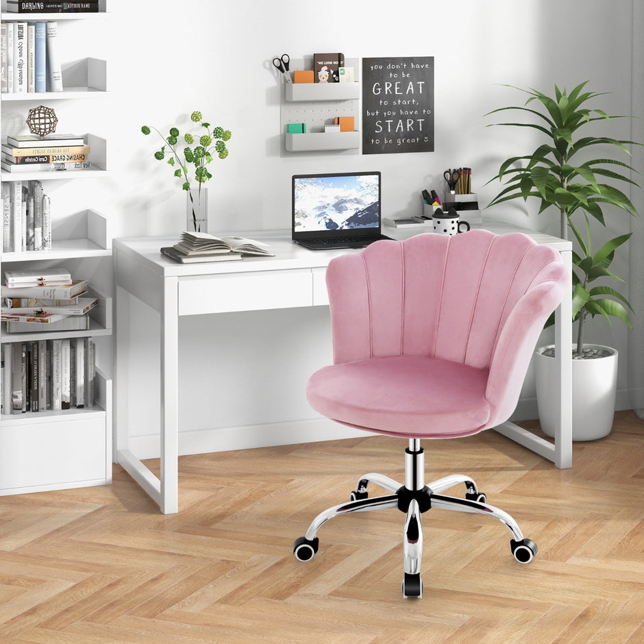 Höjdjusterbar – kontorsstol i sammet med hjul och ergonomisk design datorstol – Rosa