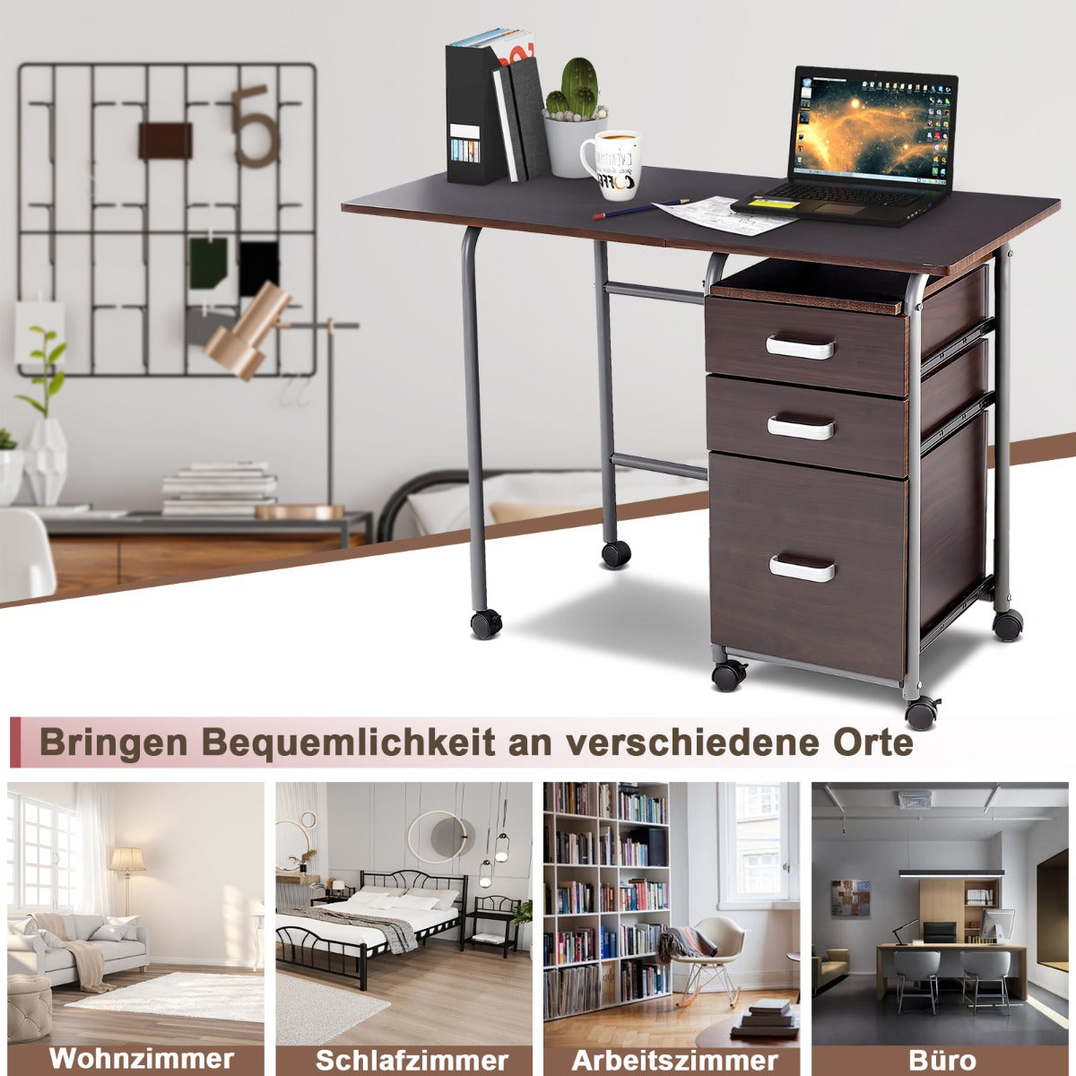 Fällbart – datorbord Rullande kontorsbord med metallram – 105 x 50 x 75 cm – Brun