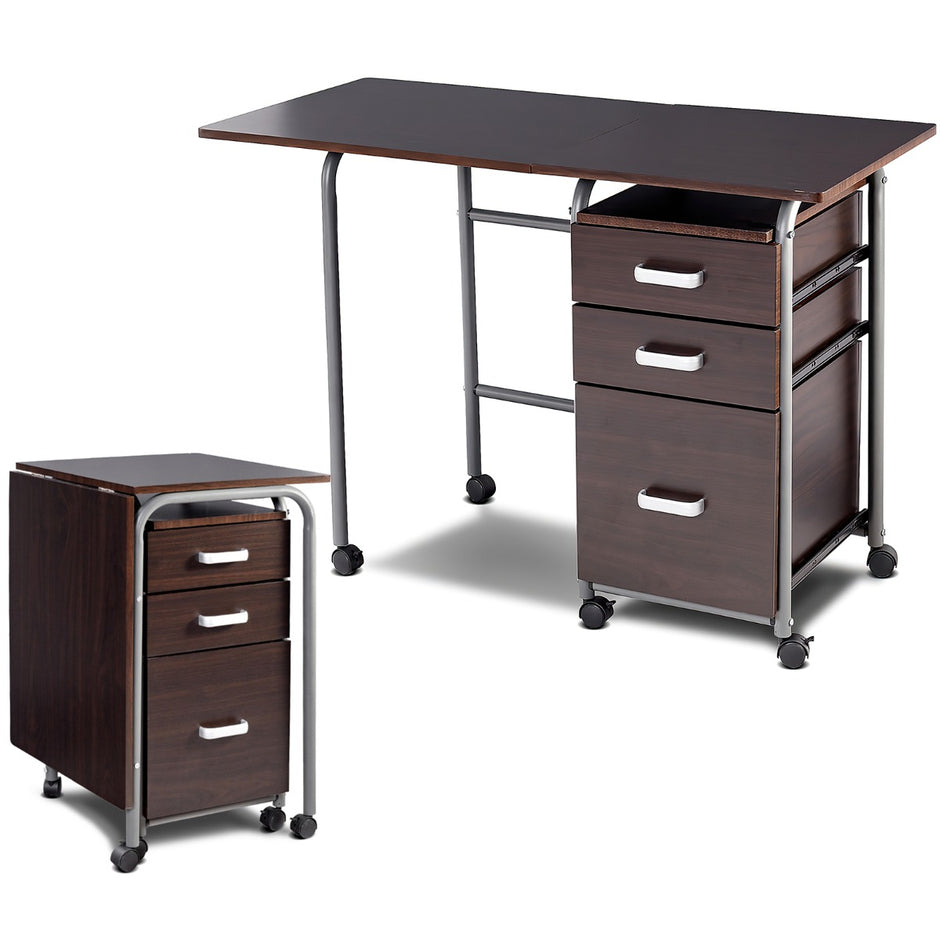 Fällbart – datorbord Rullande kontorsbord med metallram – 105 x 50 x 75 cm – Brun