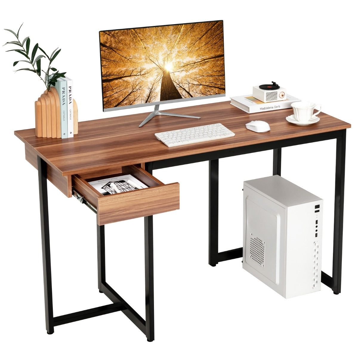 Långt – datorbord med låda och justerbara kuddar – 120 cm – Valnöt
