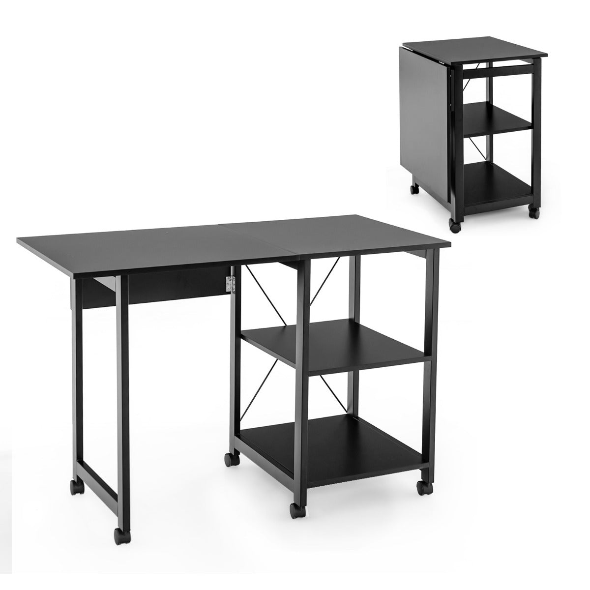 Fällbart – datorbord med vånings förvaringsfack och hjul Modernt skrivbord – 2 6 – Svart
