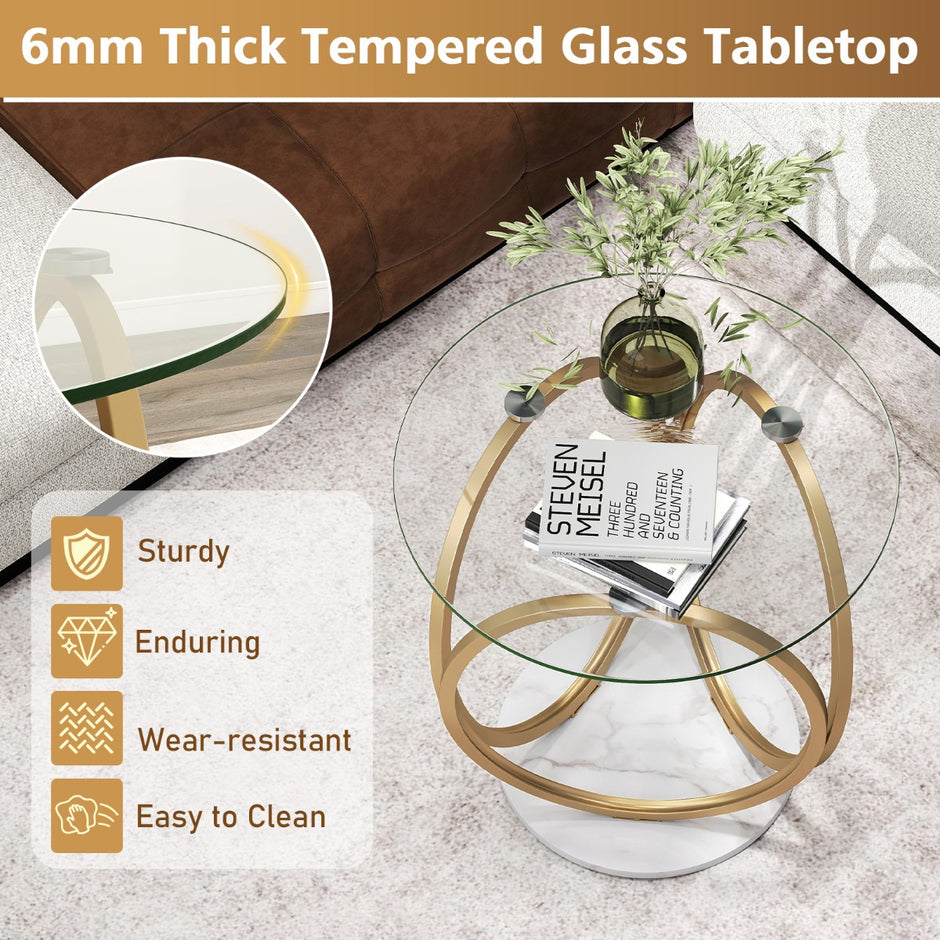 Minimalistisk – glasbord med geometrisk guldfärgad metallringsställ, modern soffbord – Guld