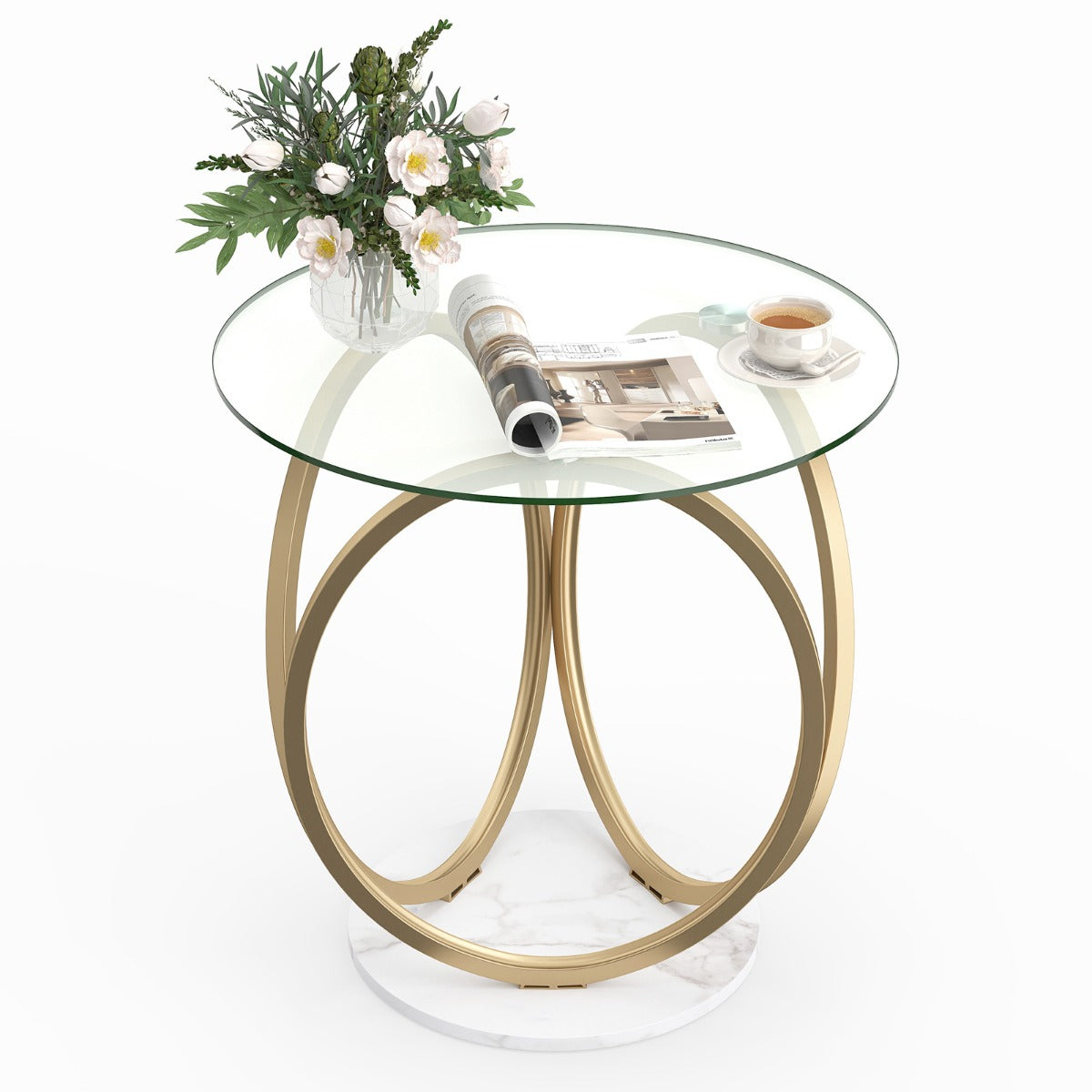 Minimalistisk – glasbord med geometrisk guldfärgad metallringsställ, modern soffbord – Guld