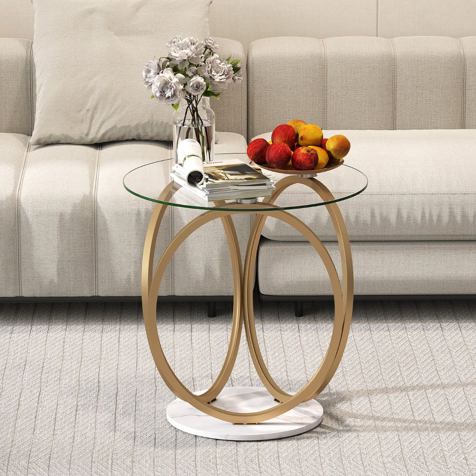 Minimalistisk – glasbord med geometrisk guldfärgad metallringsställ, modern soffbord – Guld