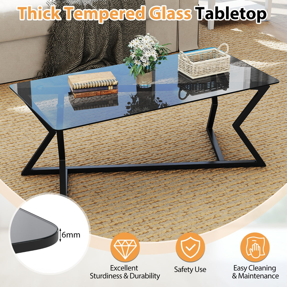 Rektangulär – soffbord med härdat glasplatta och geometriskt metallställ, modern glasbord – Svart