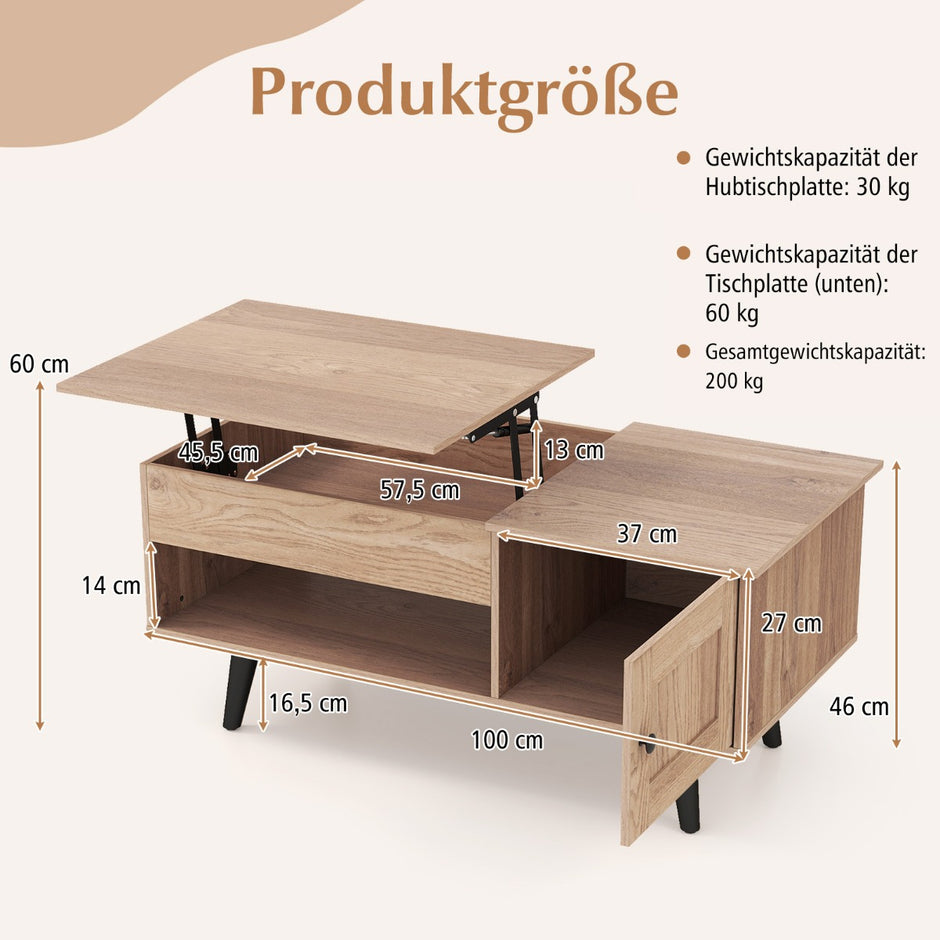 Soffbord – höjdjusterbart vardagsrumsbord sidobord med dolt fack – 100 x 50 x 46/60 cm – Natur
