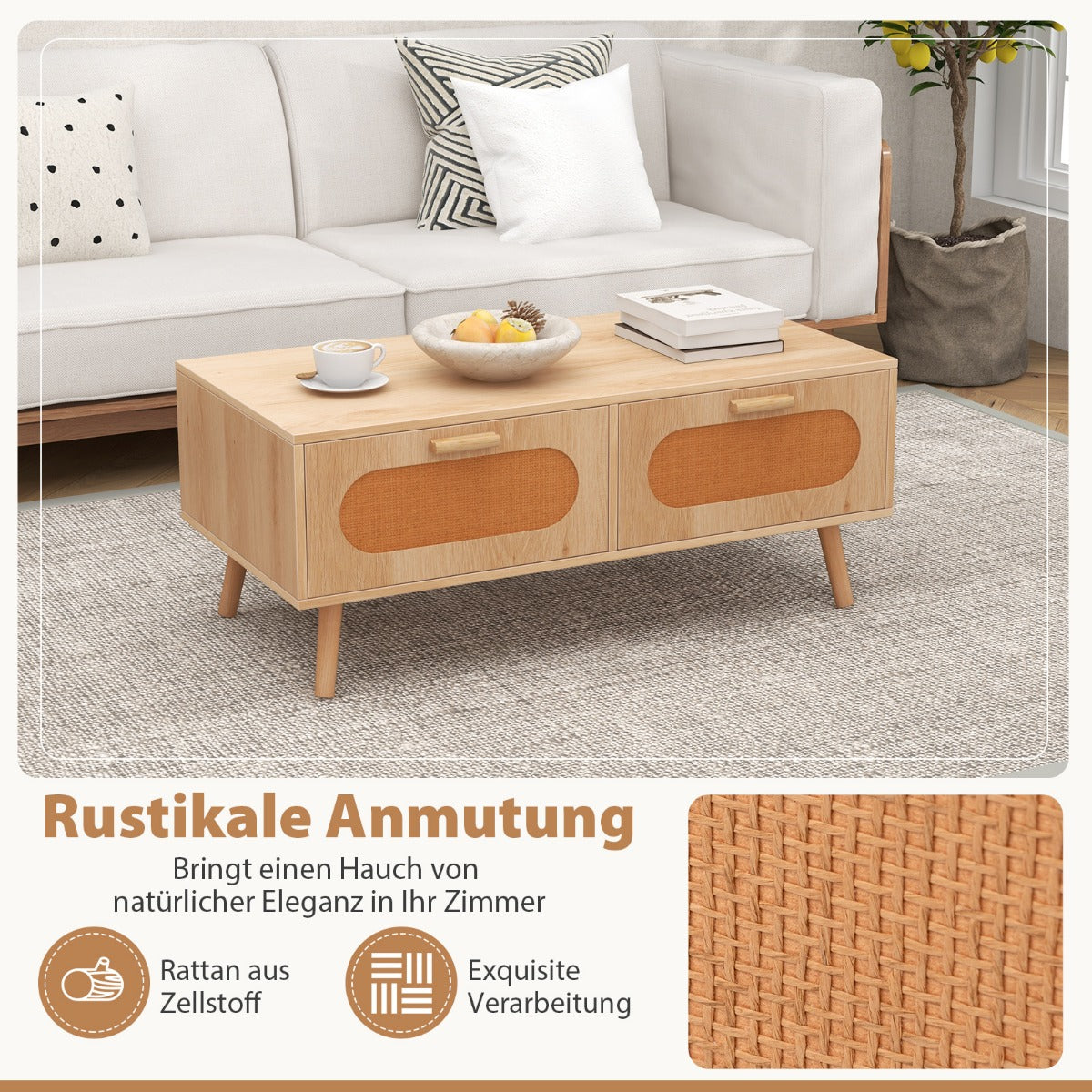 Soffbord – rotting vardagsrumsbord med lådor – 2 100 x 50 x 41 cm – Natur