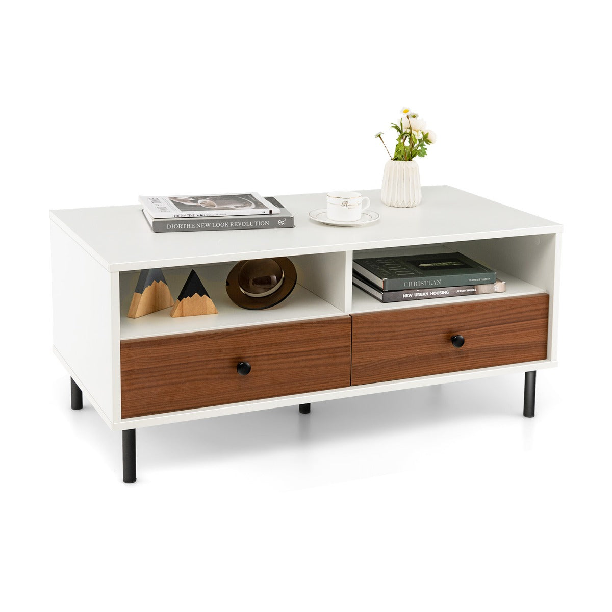 Soffbord – med lådor och hyllor Vardagsbord rektangulärt förvaringsutrymme – 2 2 95 x 48 x 45 cm – Vit