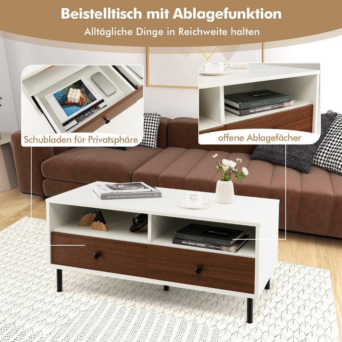 Soffbord – med lådor och hyllor Vardagsbord rektangulärt förvaringsutrymme – 2 2 95 x 48 x 45 cm – Vit