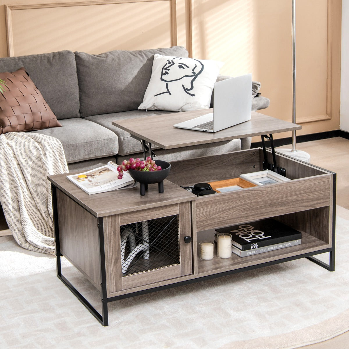 Soffbord – med lyftplatta Mittbord pneumatisk lyftanordning – 106 x 55 x 44,5 cm – Grå