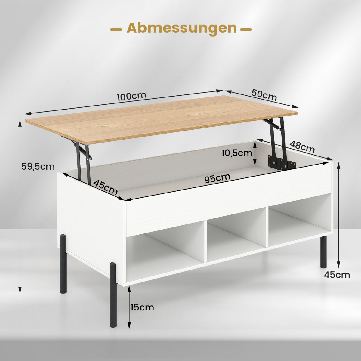 Höjbar – soffbord Sidobord med lyftbar bordsskiva och öppna fack – 3 – Vit