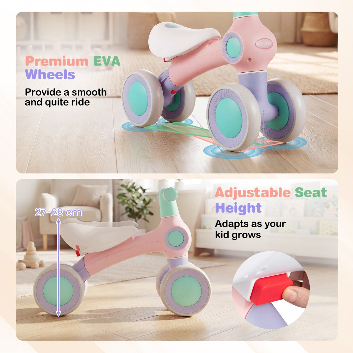 Barncykel – utan pedal med justerbart mjukt säte och ljudlösa hjul – 4 – Rosa